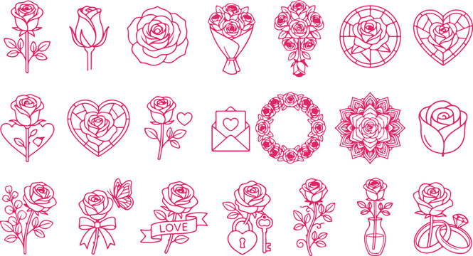 Pink rose and heart symbols for romance love and Valentine's Day.