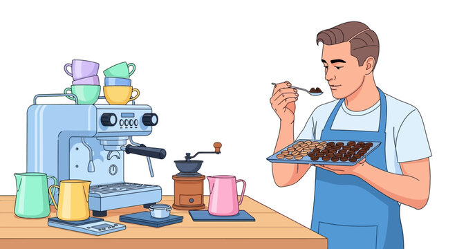 Man tasting coffee beans with espresso machine nearby.