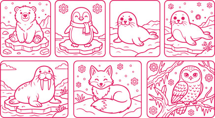 Cute arctic animals set in winter landscape, polar bear, penguin, seals, fox. © Sadhin