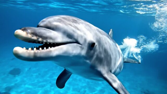 A graceful and vibrant dolphin swims playfully in the clear blue ocean, its sleek body illuminated by sunlight, creating a captivating underwater spectacle