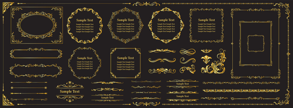 Premium antique gold decorative frames and ornamental elements set on black background, elegant vintage templates for invitations, luxury branding and certificates.