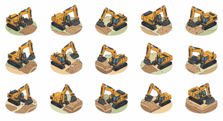 Multiple yellow excavators on construction sites isometric view. © Agu