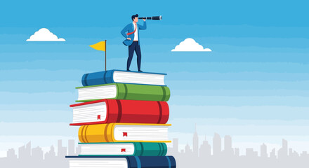 Man stands on stacked books with telescope in cityscape jncfhj setting © Pata
