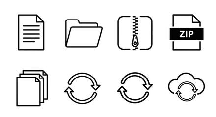 File icons with document, folder, zip, sync, and cloud symbols arranged © Pata