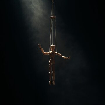 Wooden Marionette In Black Void With Overhead Spotlight