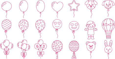 Collection of various celebration party balloons and decorative elements in pink on transparent backdrop. © Sadhin