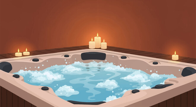 Illustration of a bubbling square hot tub with white foam and blue water, featuring multiple lit white candles on a dark wooden deck surround in a dimly lit relaxation spa room.