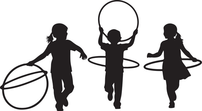 Children playing with hula hoops in silhouette kids black