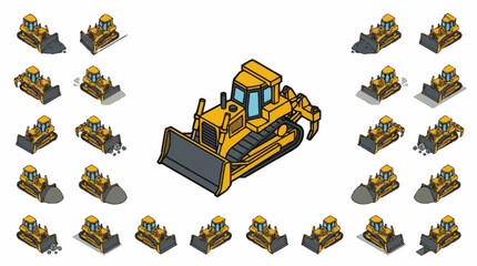 Yellow bulldozer construction vehicle isometric illustration collection. © Agu
