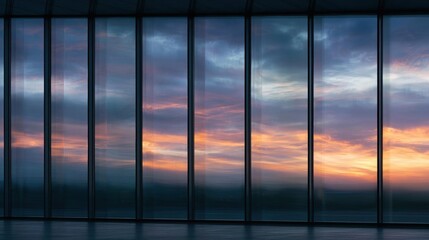 Fototapeta premium Large window with multiple panes of glass, allowing a beautiful view of the sunset. the sky is filled with vibrant colors of orange, pink, and blue, with the sun setting in the distance.