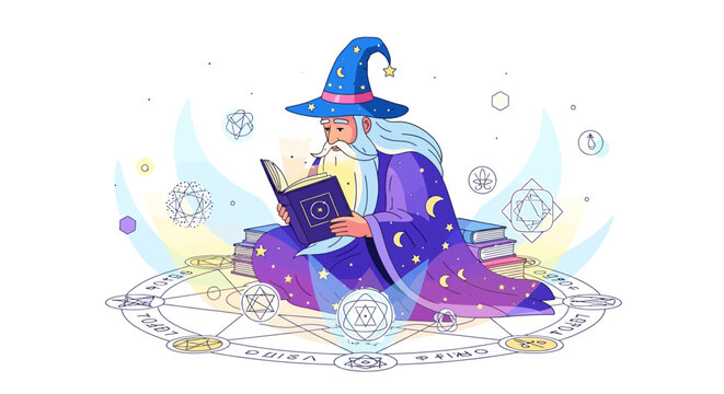 Mysterious witch reading ancient spellbook under starry night sky.