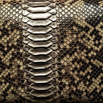 Elegant snakeskin leather sample with detailed python scale texture, metallic exotic finish, luxury fashion material for wallets and shoes, bags, belts etc