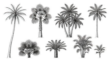 Vintage palm tree collection, hand drawn tropical botanical illustrations, set of 8 black and white engraved exotic plants for summer design © Noman