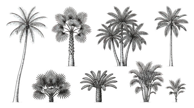 Vintage palm tree collection, hand drawn tropical botanical illustrations, set of 8 black and white engraved exotic plants for summer design