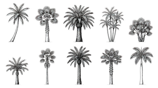 Vintage palm tree engraving set, 10 botanical tropical tree illustrations, antique black and white exotic plant sketches for summer branding