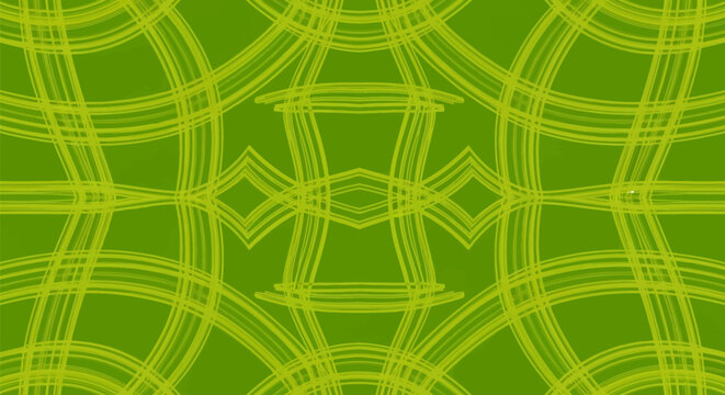 Symmetrical green abstract background with vibrant lime curved lines and concentric arcs forming a complex geometric pattern of intersecting circles and linear textures.