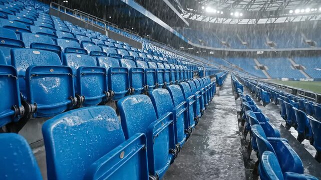 Rain pours down on empty blue stadium seats, creating puddles on the ground, showcasing the impact of weather on outdoor sports venues in a modern arena setting