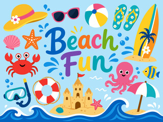 Obraz premium Bright and cheerful beach fun illustration with summer vacation elements