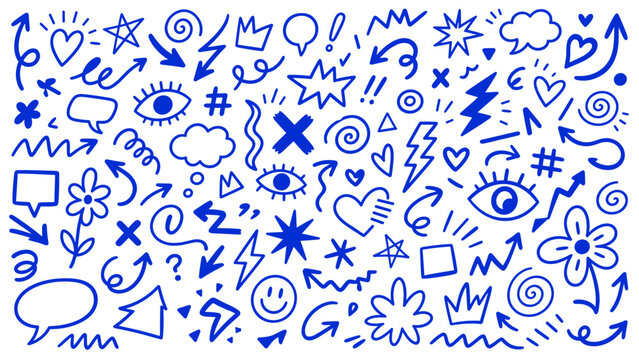 Collection of blue hand-drawn doodle icons and symbols on a white background