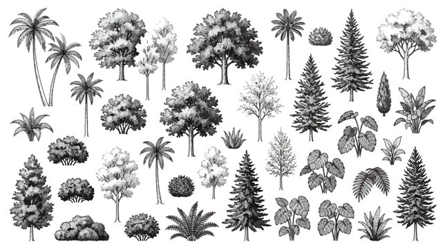 Vintage hand drawn tree collection, botanical sketch of forest and tropical plants, black and white engraved nature vector set for landscape design