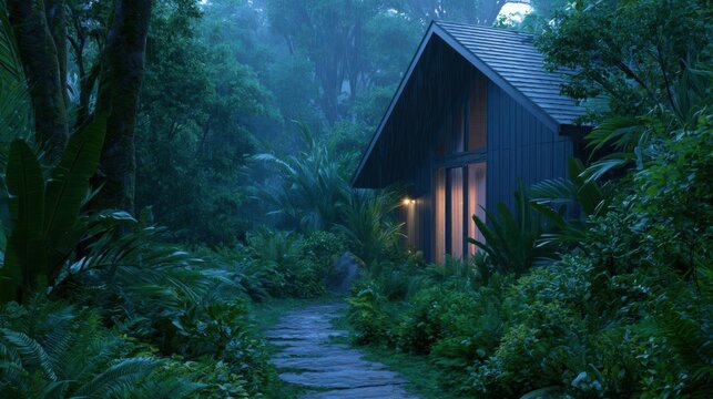 Small wooden cabin nestled in a lush tropical forest. the cabin has a sloping roof and is surrounded by tall trees and ferns.