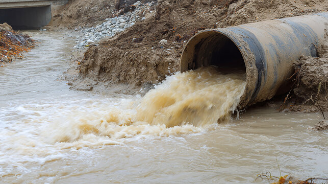 Turbid Water Flood from Large Pipe into River with Dirt and Debris