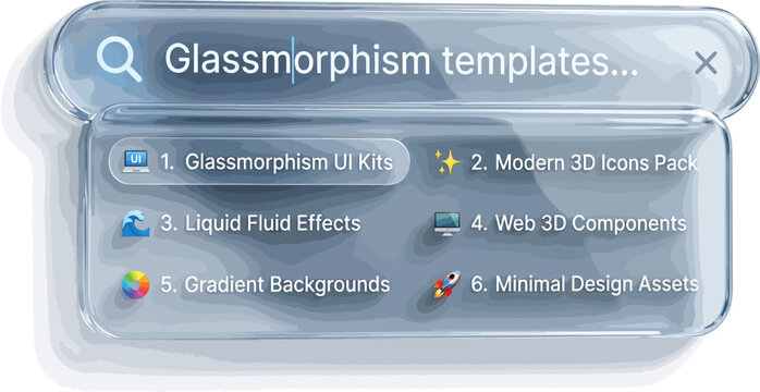 Glassmorphism UI template with search bar and list of options UI template user interface glass effect frosted glass app design UI kit