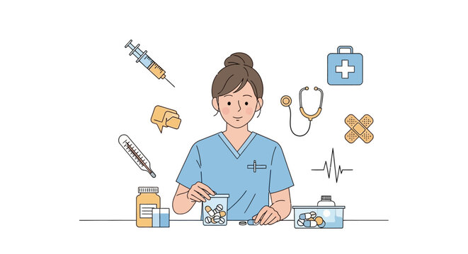 Nurse surrounded by medical equipment and supplies.