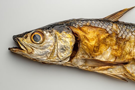 Close-up of a beautifully preserved dried fish on a neutral background, showcasing intricate textures and colors.