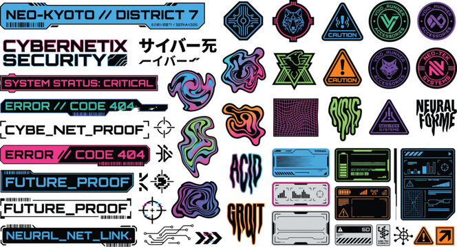 Futuristic cybernetic stickers with error codes and hazard symbols sci fi futuristic cybernetic cyberpunk illustration collection