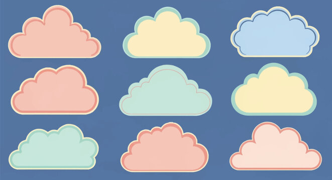 Set of nine minimalist flat vector cloud icons in pastel pink, yellow, and blue colors arranged in a grid on a solid blue background, suitable for labels, banners, or stickers.