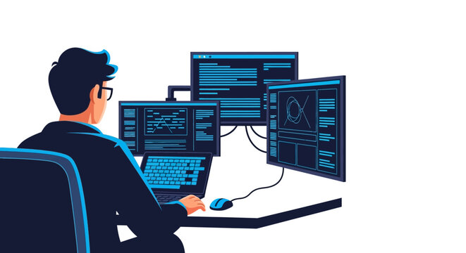 Programmer working on multiple computer screens with code displayed.