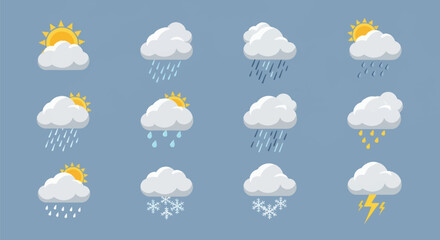 Obraz premium Set of twelve flat vector weather icons on a blue background featuring clouds, sun, raindrops, snowflakes, and lightning bolts for meteorological forecasting and climate apps.