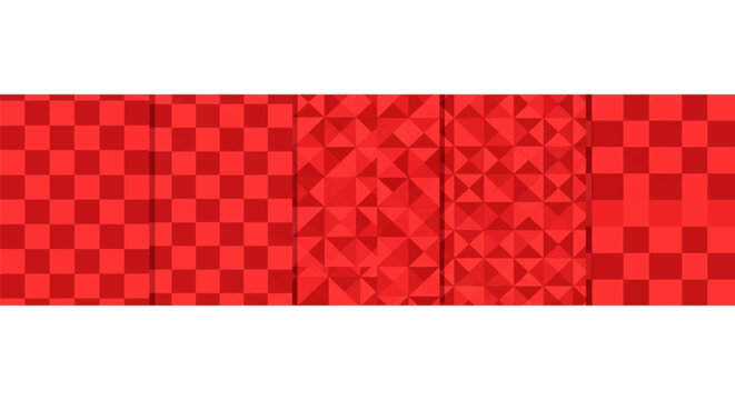 Collection of five vertical panels showcasing various red geometric patterns such as checkered grids and triangular faceted textures isolated on a horizontal white background.