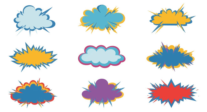 Set of nine colorful comic book speech bubbles and explosion clouds isolated on white background. Includes cloud shapes, jagged burst effects, and starburst designs in vibrant colors.