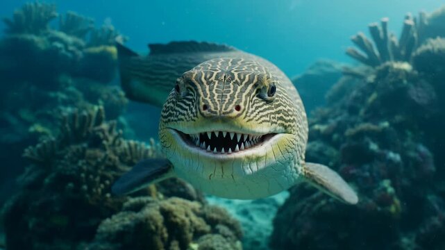 A patterned moray eel swimming through a colorful tropical coral reef in the blue deep ocean sea 4K video