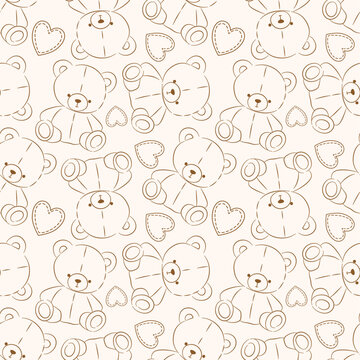 Adorable seamless pattern with teddy bears, hearts and baby-themed doodles in soft neutral tones. Cute nursery-inspired design ideal for baby fabric, wallpaper, wrapping paper and children surface pat