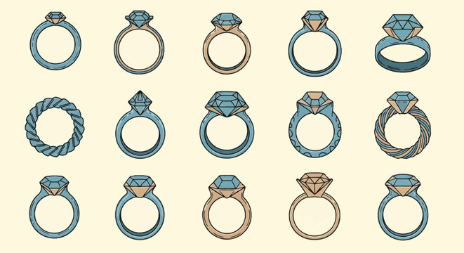 Set of fifteen vector engagement ring icons featuring various solitaire gemstone cuts and band styles in teal and gold colors, including twisted bands and textured settings.