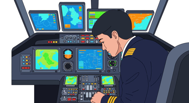 Pilot in cockpit focused on advanced flight instruments.
