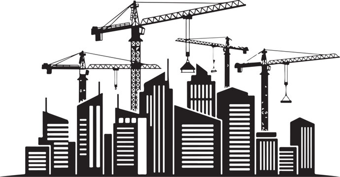 Black and white cityscape with construction cranes
