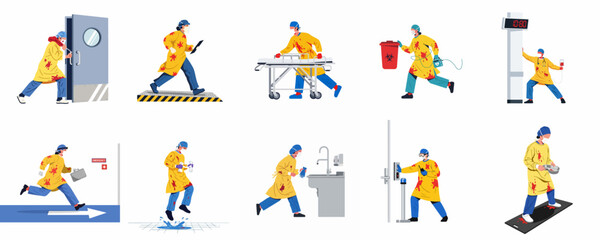 Fototapeta premium Flat vector illustration set of medical staff in blood-stained protective gowns performing various urgent hospital duties during an emergency or crisis situation.