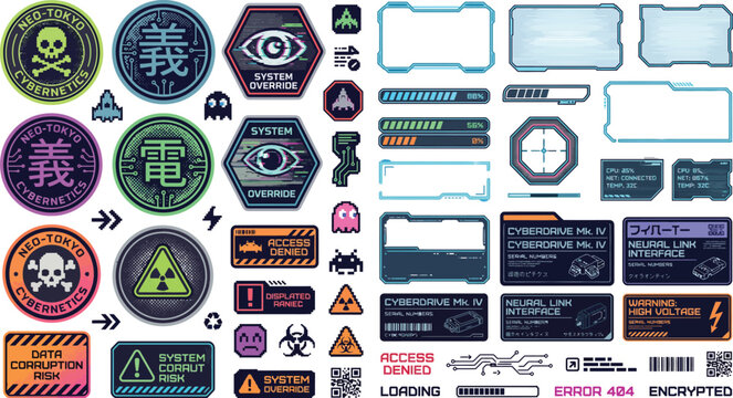 Collection of futuristic sci-fi UI elements and warning symbols with sci fi futuristic elements interface technology biohazard computer