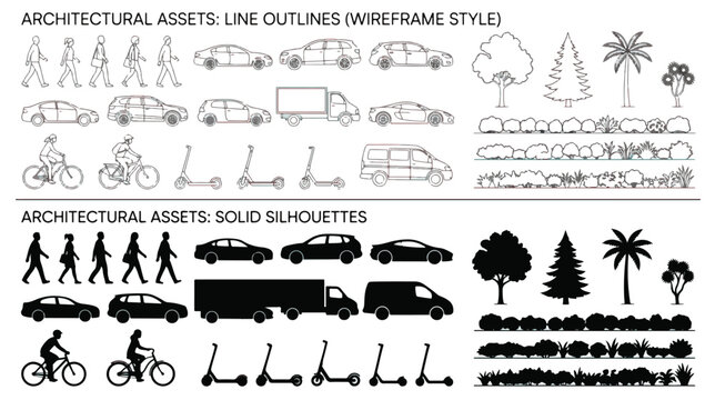 Architectural assets collection, line outlines and solid silhouettes of people, cars, trees and urban transport, wireframe style vector elements