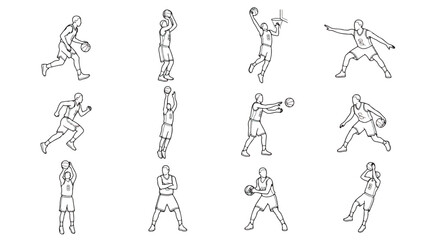 Basketball player line art set, 12 athlete poses in minimalist black outline vector, professional basketball action silhouettes for sports branding © Noman