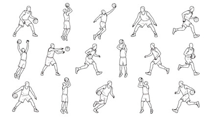 Basketball player line art silhouettes set, 15 athlete vector icons in action poses, minimalist sports figures dribbling and shooting for team branding © Noman
