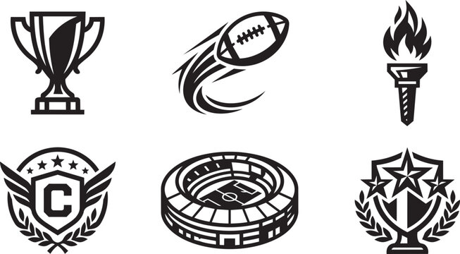 American football championship and stadium sports black vector icons set.