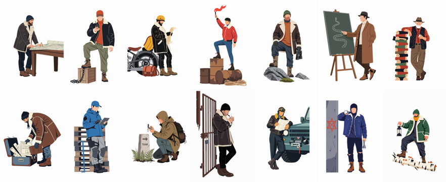 A comprehensive collection of male characters in rugged outdoor gear engaged in various exploratory, survival, and navigational activities in diverse environments.