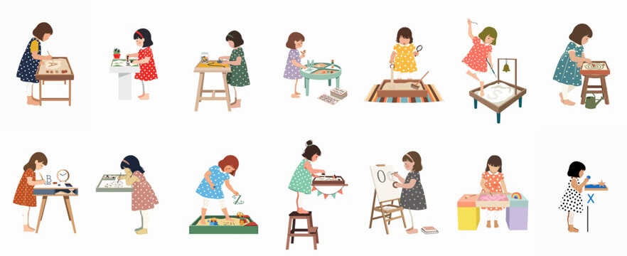 Flat illustration set of young girls engaged in various educational sensory play activities including sand drawing, light table play, and creative learning.