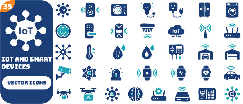 IoT and smart devices icon set featuring home automation, smart thermostat, security camera, voice assistant, connected sensors, and remote monitoring systems for future living.