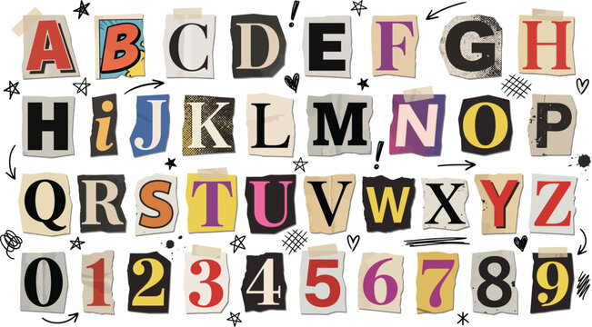 Collage alphabet letters and numbers cut from newspapers and magazines with cut out torn paper ransom note mixed media alphabet magazine